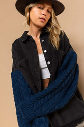 Black Blue Contrast Sweater Sleeve Shacket, Shackets, $ 59.00, A Moment Of Now™
